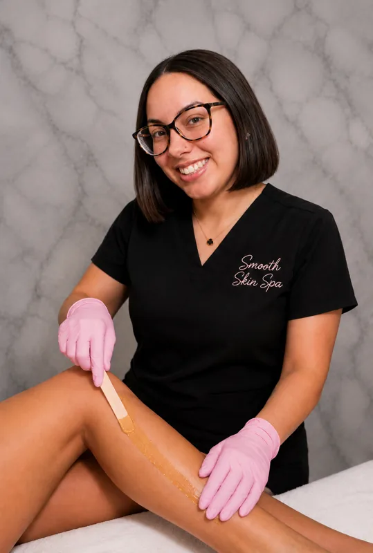 Makayla Simbra applying wax during a leg waxing service