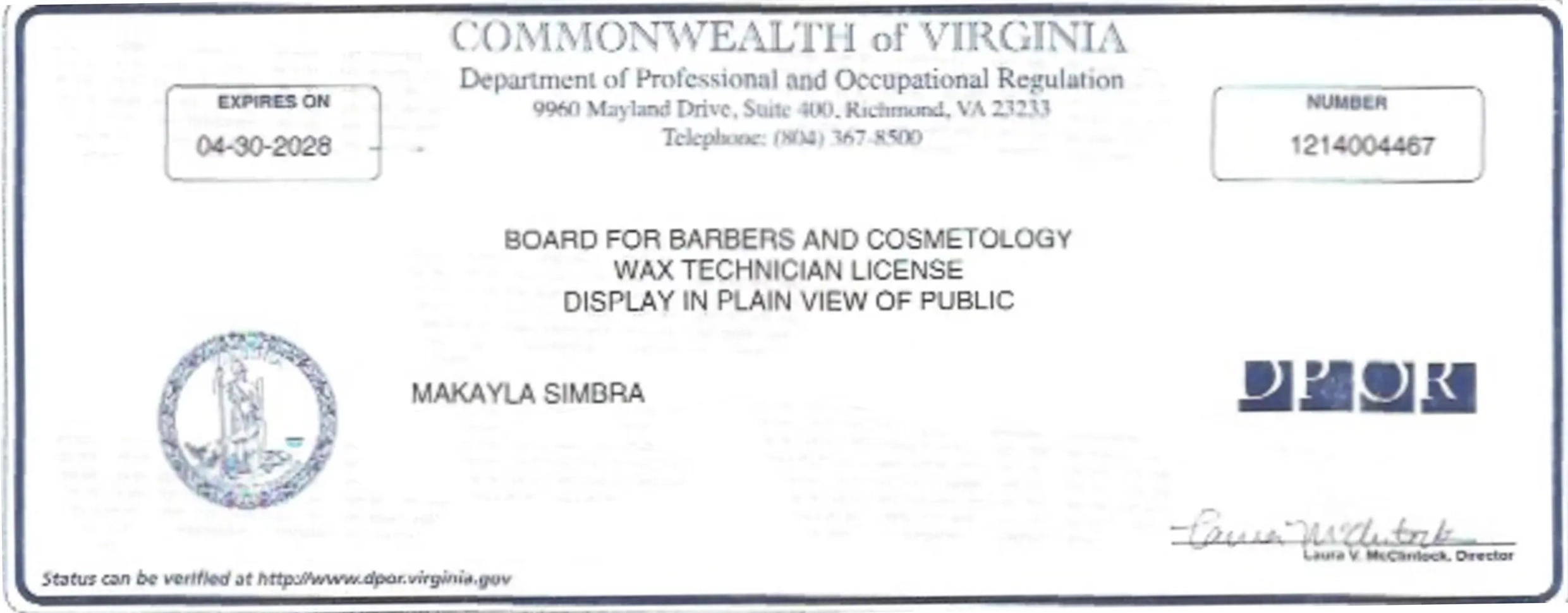 Makayla Simbra Virginia wax technician license certificate