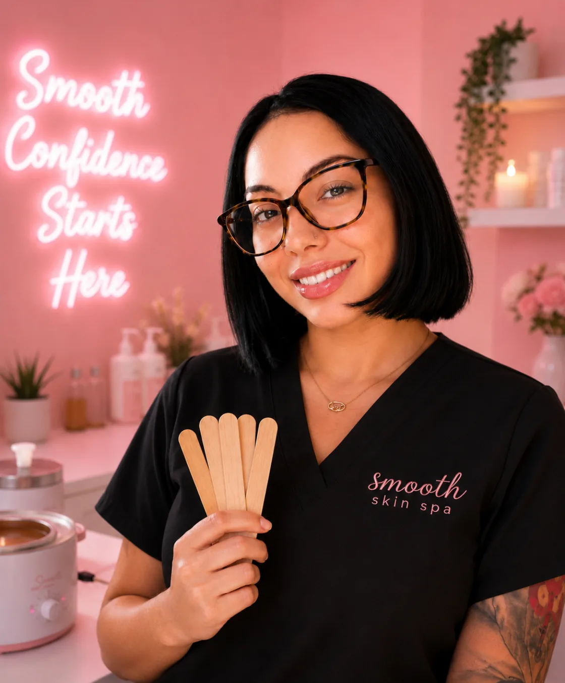 Makayla Simbra, aesthetician at Smooth Skin Spa, smiling and holding wax spatulas in the treatment room